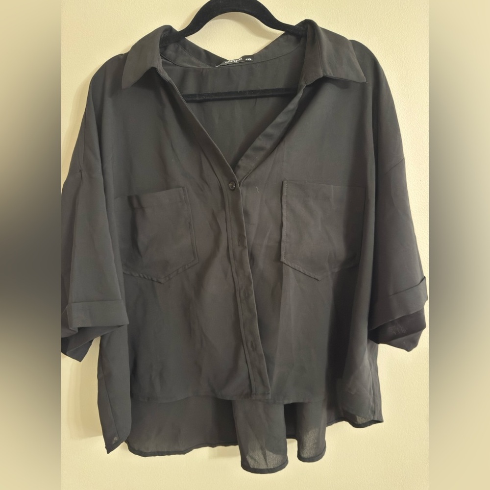 Cider Black Sheer Button-Up Cropped Blouse